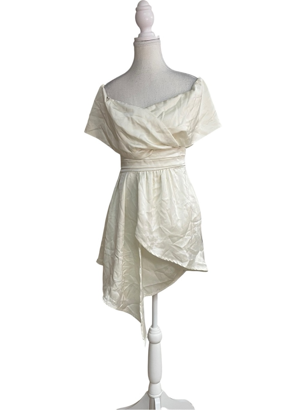 Lulus Always Celebrating Off-the-Shoulder Asymmetrical Satin Mini Dress Ivory